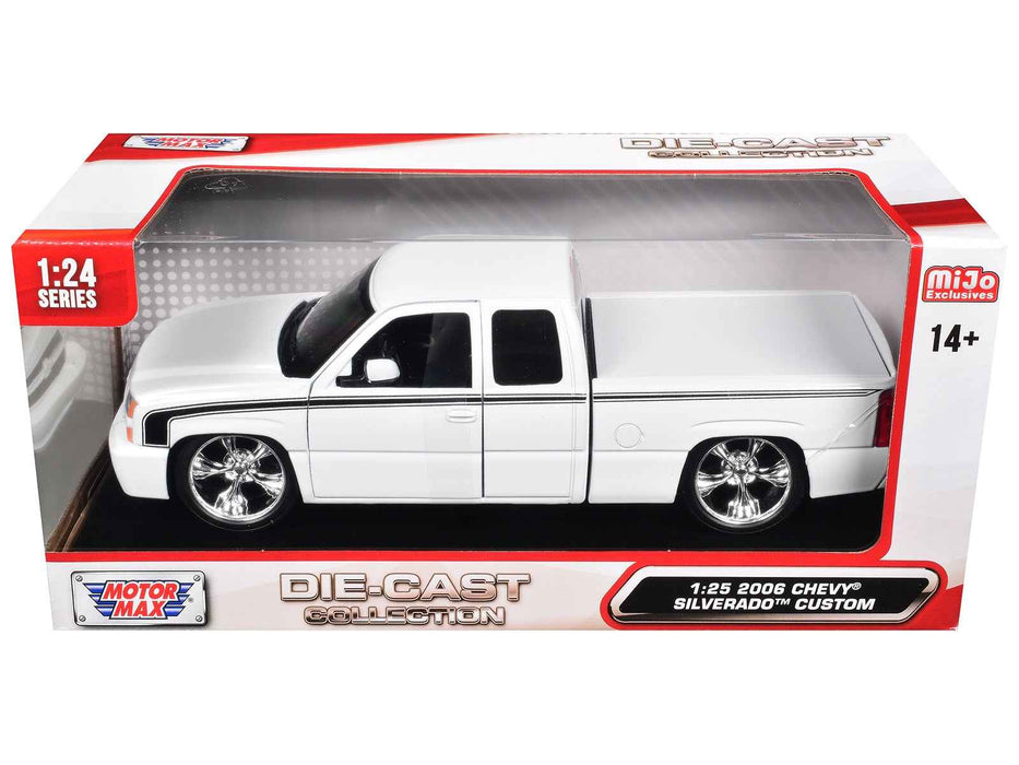2006 Chevrolet Silverado Custom Pickup Truck White with Black Stripes "Die-Cast Collection" Series 1/25 Diecast Model Car by Motormax