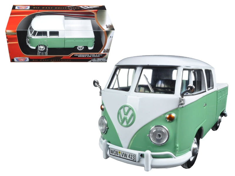 BRAND NEW VOLKSWAGEN TYPE 2 (T1) DOUBLE CAB PICKUP TRUCK WHITE AND GREEN 1/24 DIECAST MODEL CAR BY MOTORMAX - Miniature Motors