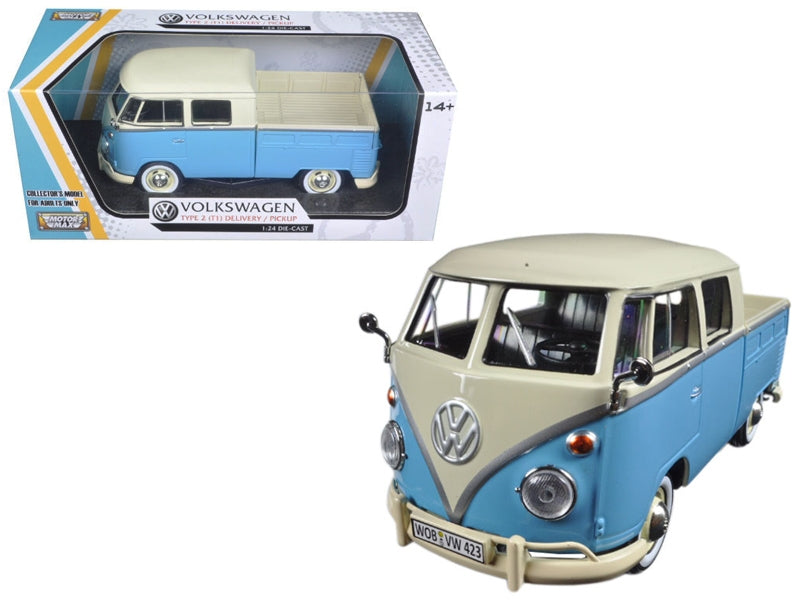 BRAND NEW VOLKSWAGEN TYPE 2 (T1) DOUBLE CAB PICKUP TRUCK LIGHT BLUE AND CREAM 1/24 DIECAST MODEL CAR BY MOTORMAX - Miniature Motors