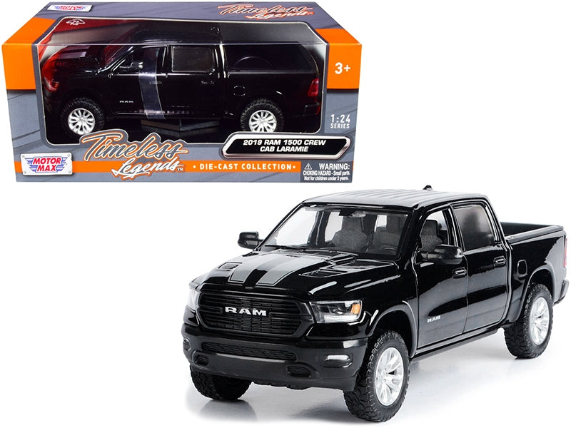 Top-Pick | 2019 RAM 1500 Laramie Crew Cab Pickup Truck Black with Silver Stripes 1/24 Diecast Model Car by Motormax - Miniature Motors