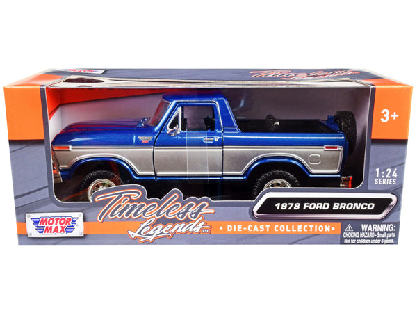 BRAND NEW 1978 FORD BRONCO RANGER XLT (OPEN TOP) WITH SPARE TIRE BLUE METALLIC AND SILVER "TIMELESS LEGENDS" SERIES 1/24 DIECAST MODEL CAR BY MOTORMAX - Miniature Motors
