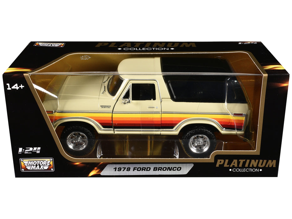 1978 Ford Bronco Custom Cream with Stripes and Black Top "Platinum Collection" Series 1/24 Diecast Model Car by Motormax