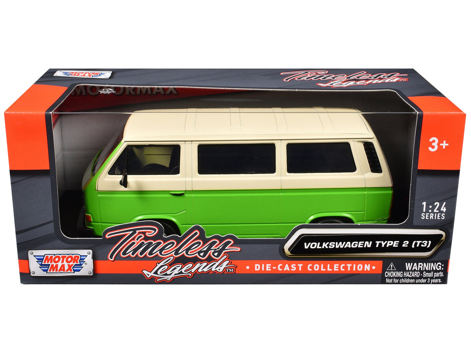 BRAND NEW VOLKSWAGEN TYPE 2 (T3) VAN GREEN AND BEIGE "TIMELESS LEGENDS" SERIES 1/24 DIECAST MODEL CAR BY MOTORMAX - Miniature Motors
