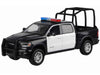 2019 RAM 1500 Laramie Crew Cab Pickup Truck with Bed Cage Black and White with Flashing Light Bar and Front and Rear Lights and Sounds 1/27 Diecast Model Car by Motormax