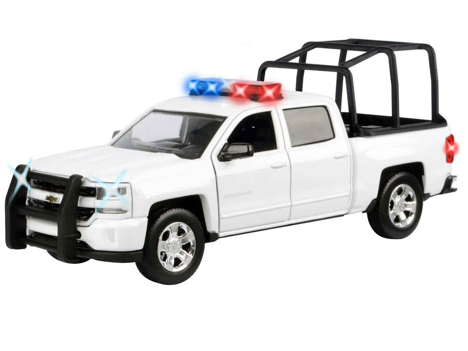 2017 Chevrolet Silverado 1500 LT Z71 Crew Cab Pickup Truck with White with Flashing Light Bar and Front and Rear Lights and Sounds 1/27 Diecast Model Car by Motormax