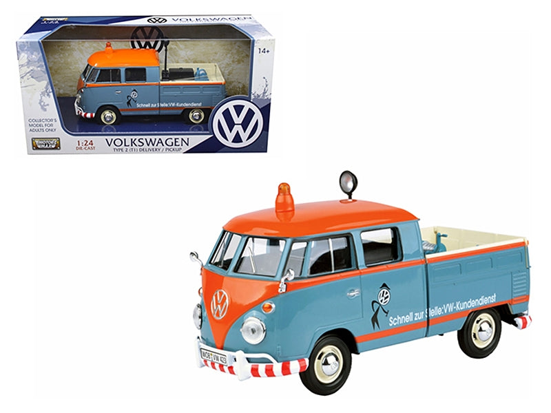 BRAND NEW VOLKSWAGEN TYPE 2 (T1) DELIVERY SERVICE PICKUP TRUCK BLUE AND ORANGE "VW-KUNDENDIENST" 1/24 DIECAST MODEL CAR BY MOTORMAX - Miniature Motors