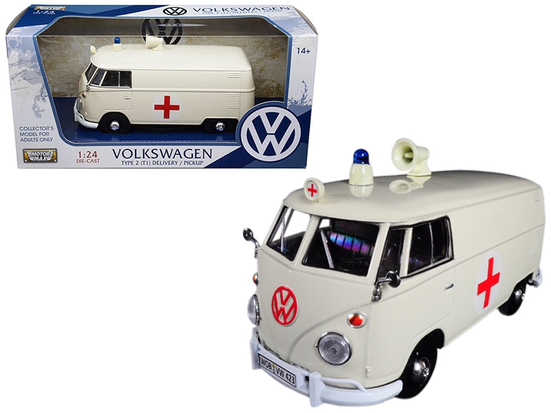 BRAND NEW VOLKSWAGEN TYPE 2 (T1) AMBULANCE CREAM 1/24 DIECAST MODEL CAR BY MOTORMAX - Miniature Motors