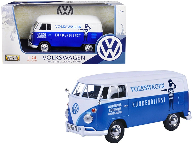 BRAND NEW VOLKSWAGEN TYPE 2 (T1) DELIVERY VAN AUTOHAUS SUDEKUM "KUNDENDIENST" CANDY BLUE AND WHITE 1/24 DIECAST MODEL CAR BY MOTORMAX - Miniature Motors