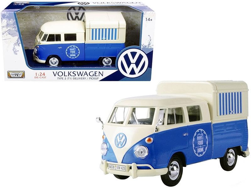 BRAND NEW VOLKSWAGEN TYPE 2 (T1) PICKUP FOOD TRUCK CREAM AND BLUE 1/24 DIECAST MODEL CAR BY MOTORMAX - Miniature Motors