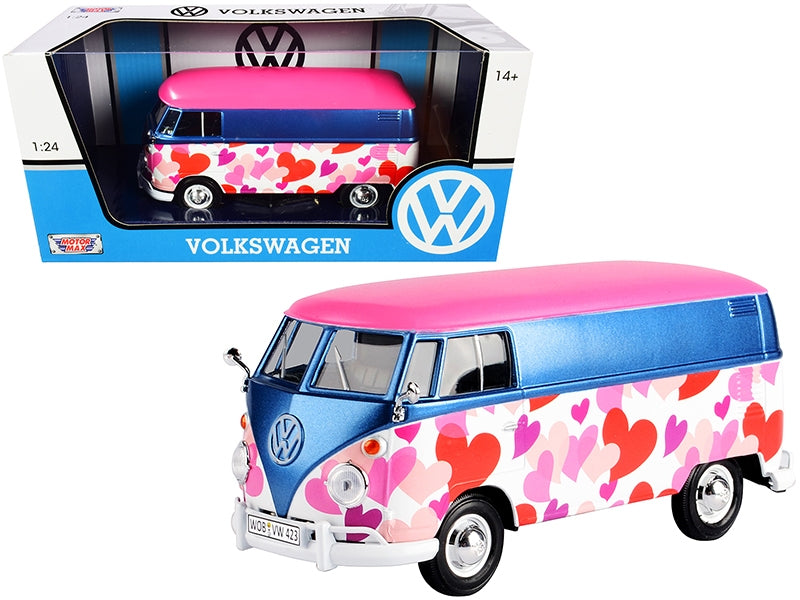 BRAND NEW VOLKSWAGEN TYPE 2 (T1) DELIVERY VAN "LOVE" PINK AND BLUE METALLIC 1/24 DIECAST MODEL CAR BY MOTORMAX - Miniature Motors