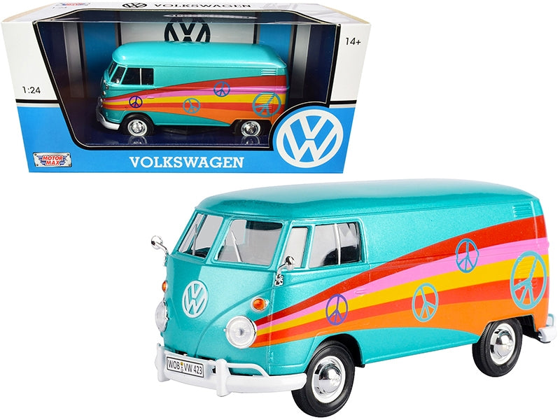 BRAND NEW VOLKSWAGEN TYPE 2 (T1) DELIVERY VAN "PEACE" TURQUOISE METALLIC 1/24 DIECAST MODEL CAR BY MOTORMAX - Miniature Motors