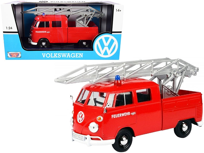 BRAND NEW VOLKSWAGEN TYPE 2 (T1) FIRE TRUCK WITH AERIAL LADDER "FEUERWEHR" RED 1/24 DIECAST MODEL CAR BY MOTORMAX - Miniature Motors