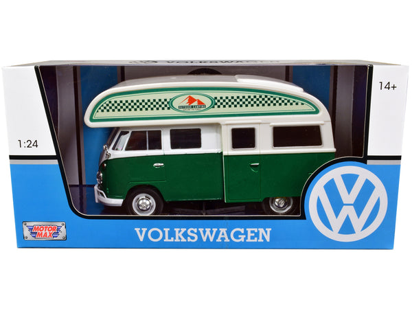 BRAND NEW VOLKSWAGEN TYPE 2 (T1) CAMPER VAN GREEN AND WHITE "OUTDOOR CAMPING EXPLORE THE FOREST" 1/24 DIECAST MODEL CAR BY MOTORMAX - Miniature Motors