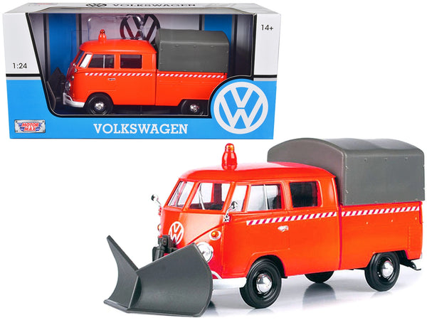 BRAND NEW VOLKSWAGEN TYPE 2 (T1) PICKUP TRUCK ORANGE WITH SNOW PLOW AND CAMPER SHELL 1/24 DIECAST MODEL CAR BY MOTORMAX - Miniature Motors