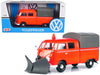 BRAND NEW VOLKSWAGEN TYPE 2 (T1) PICKUP TRUCK ORANGE WITH SNOW PLOW AND CAMPER SHELL 1/24 DIECAST MODEL CAR BY MOTORMAX - Miniature Motors