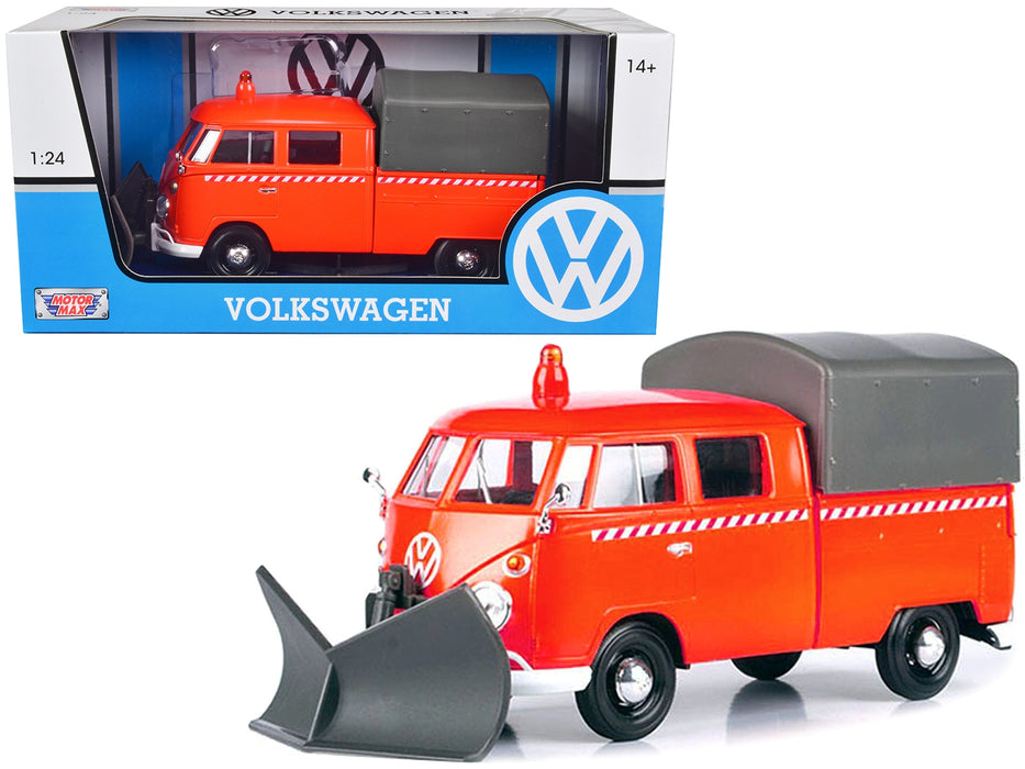 BRAND NEW VOLKSWAGEN TYPE 2 (T1) PICKUP TRUCK ORANGE WITH SNOW PLOW AND CAMPER SHELL 1/24 DIECAST MODEL CAR BY MOTORMAX - Miniature Motors