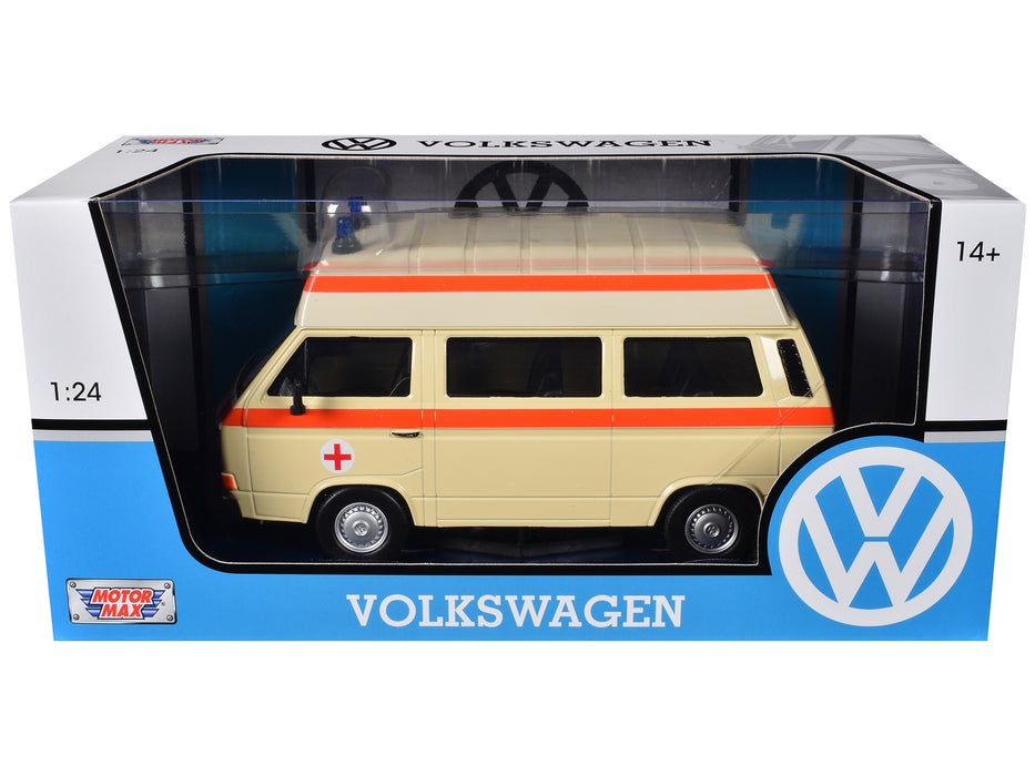 BRAND NEW VOLKSWAGEN TYPE 2 (T3) HIGH ROOF AMBULANCE CREAM WITH ORANGE STRIPES 1/24 DIECAST MODEL CAR BY MOTORMAX - Miniature Motors