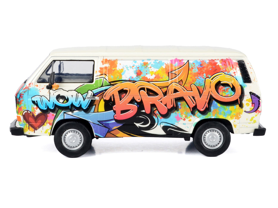 Volkswagen Type 2 (T3) Van White Metallic with Graffiti Graphics 1/24 Diecast Model Car by Motormax - Miniature Motors