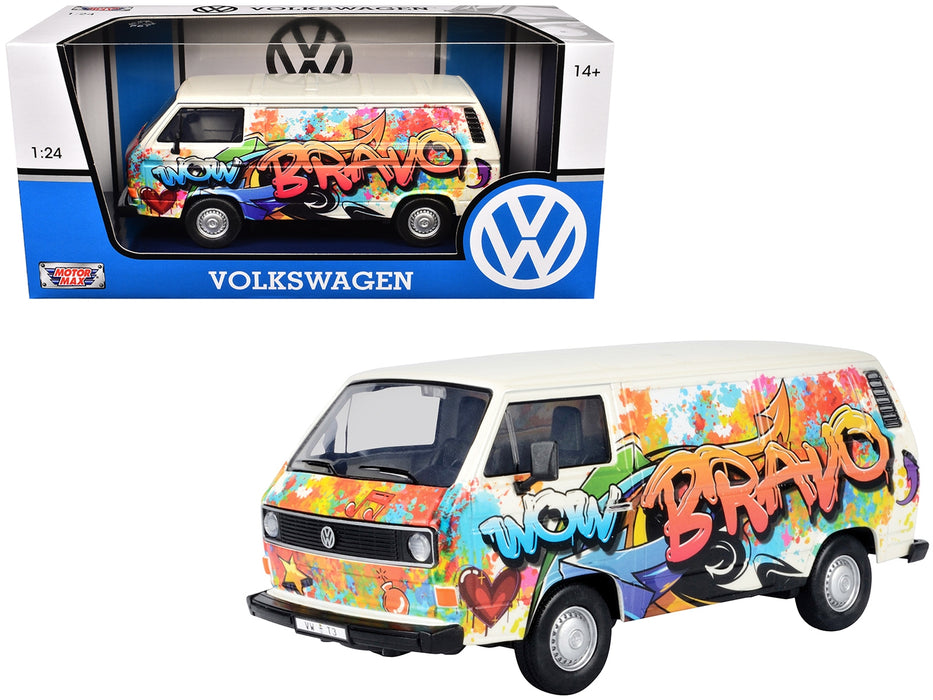 Volkswagen Type 2 (T3) Van White Metallic with Graffiti Graphics 1/24 Diecast Model Car by Motormax - Miniature Motors