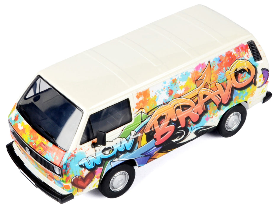 Volkswagen Type 2 (T3) Van White Metallic with Graffiti Graphics 1/24 Diecast Model Car by Motormax - Miniature Motors