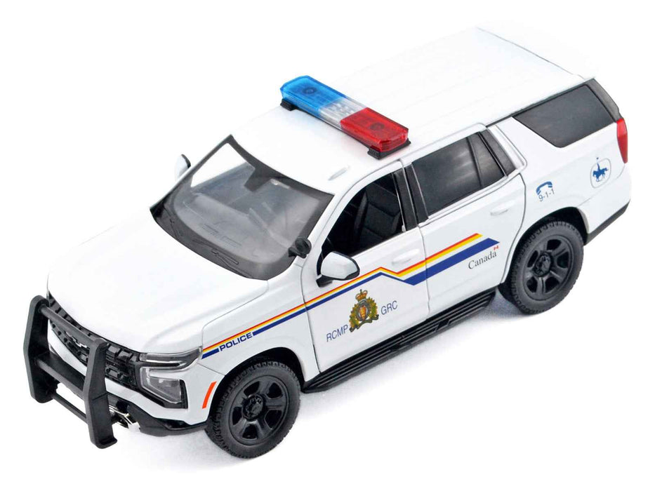 2025 Chevrolet Tahoe PPV "RCMP (Royal Canadian Mounted Police)" White with Stripes with Flashing Light Bar and Front and Rear Lights and Sounds 1/24 Diecast Model Car by Motormax