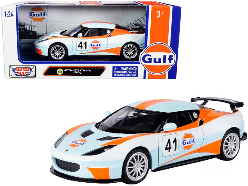BRAND NEW LOTUS EVORA GT4 #41 LIGHT BLUE WITH WHITE AND ORANGE STRIPES 1/24 DIECAST MODEL CAR BY MOTORMAX - Miniature Motors
