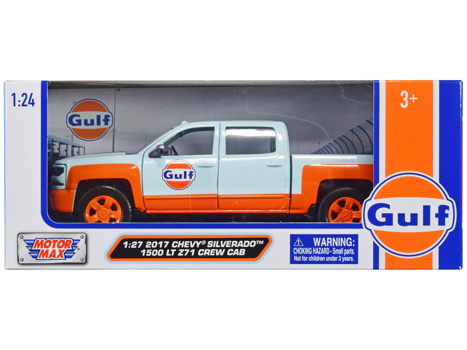 BRAND NEW 2017 CHEVROLET SILVERADO 1500 LT Z71 CREW CAB PICKUP TRUCK LIGHT BLUE WITH ORANGE STRIPES "GULF DIE-CAST COLLECTION" 1/27 DIECAST MODEL CAR BY MOTORMAX - Miniature Motors