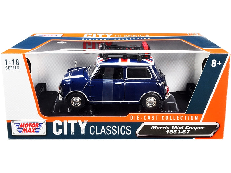 Top-Pick | 1961-1967 Morris Mini Cooper RHD (Right Hand Drive) Dark Blue with British Flag on the Top and Roof Rack "City Classics" Series 1/18 Diecast Model Car by Motormax - Miniature Motors