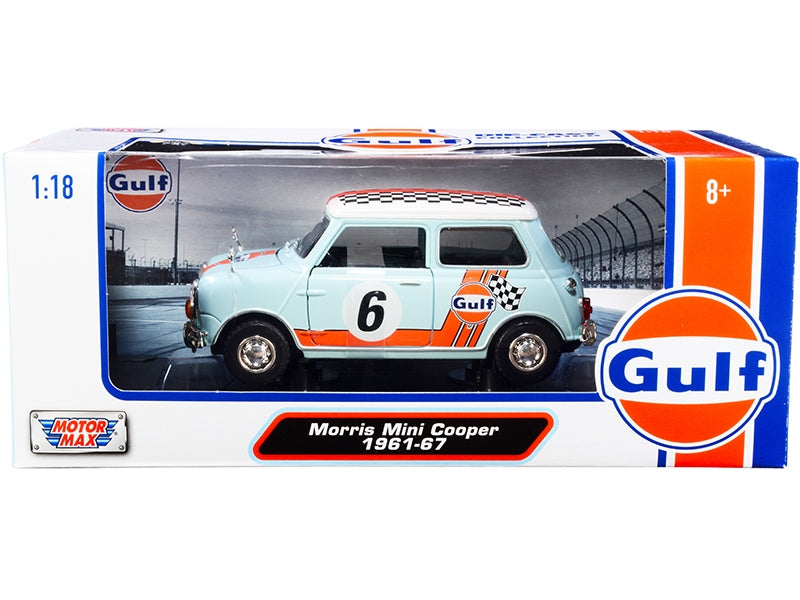 Top-Pick | 1961-1967 Morris Mini Cooper RHD (Right Hand Drive) #6 "Gulf Oil" Light Blue with Orange Stripes and Checkered Top "City Classics" Series 1/18 Diecast Model Car by Motormax - Miniature Motors