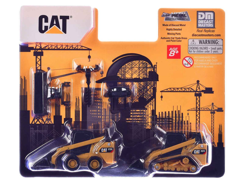 CAT Caterpillar 272D Skid Steer Loader and 297D Compact Track Loader with Interchangeable Attachment Yellow 1/64 Diecast Model by Diecast Master