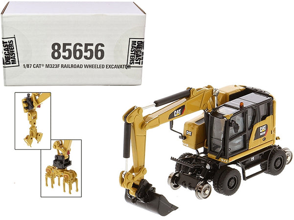CAT Caterpillar M323F Railroad Wheeled Excavator with 3 Accessories (CAT Yellow Version) "High Line" Series 1/87 (HO) Scale Diecast Model by Diecast Masters - Miniature Motors