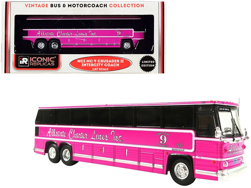 1980 MCI MC-9 Crusader II Intercity Coach Bus Pink "Allstate Charter Lines Inc." "Vintage Bus & Motorcoach Collection" 1/87 (HO) Diecast Model by Iconic Replicas - Miniature Motors