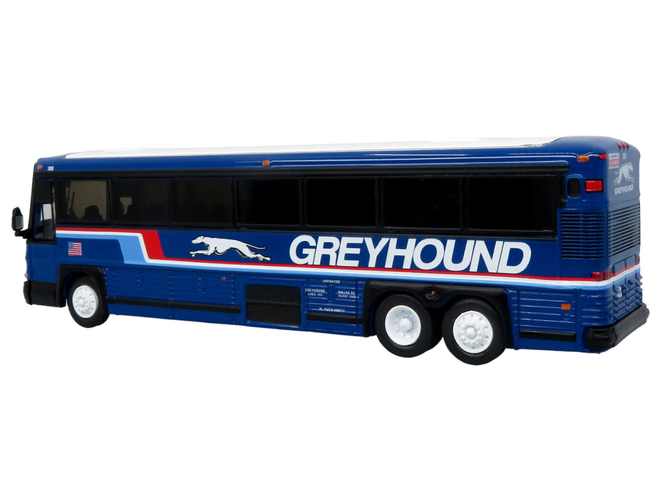 2001 MCI D4000 Coach Bus "Greyhound" Blue with Stripes "Vintage Bus & Motorcoach Collection" Limited Edition to 504 pieces Worldwide 1/87 (HO) Diecast Model by Iconic Replicas
