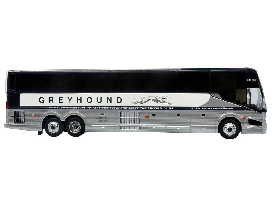 Prevost H3-45 Coach Bus "Greyhound Scenicruiser Service" White and Raw Metal "The Bus & Motorcoach Collection" Limited Edition to 504 pieces Worldwide 1/87 (HO) Scale Diecast Model by Iconic Replicas