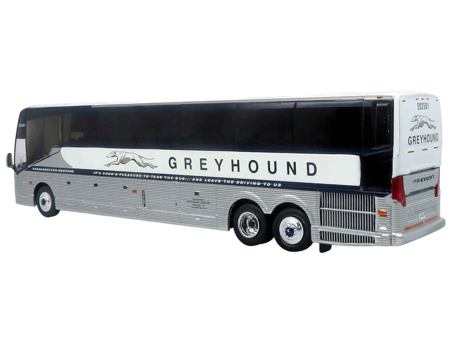 Prevost H3-45 Coach Bus "Greyhound Scenicruiser Service" White and Raw Metal "The Bus & Motorcoach Collection" Limited Edition to 504 pieces Worldwide 1/87 (HO) Scale Diecast Model by Iconic Replicas