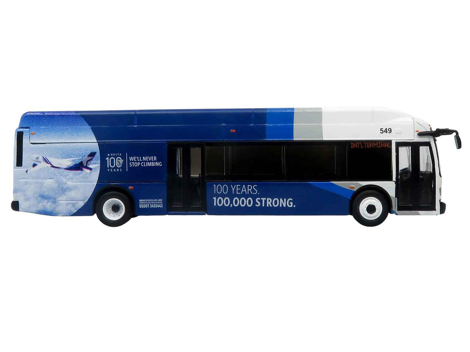 New Flyer Xcelsior XN40 Transit Bus "Delta Air Lines 100th Anniversary" Blue and White with Graphics "The Bus & Motorcoach Collection" Limited Edition 1/87 (HO) Scale Diecast Model by Iconic Replicas