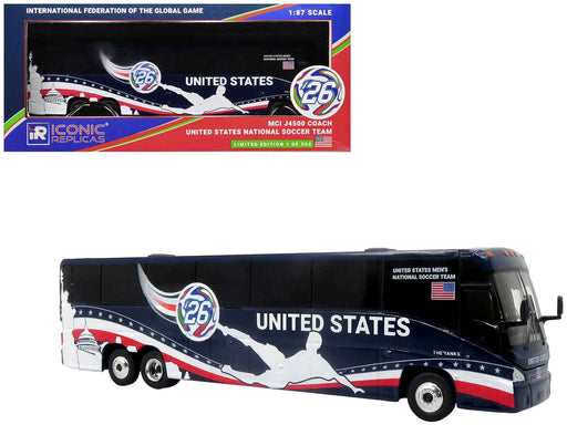 MCI J4500 Coach Bus "United States National Soccer Team" Dark Blue with Graphics "International Federation of the Global Game" Series Limited Edition to 504 pieces Worldwide 1/87 (HO) Diecast Model by Iconic Replicas