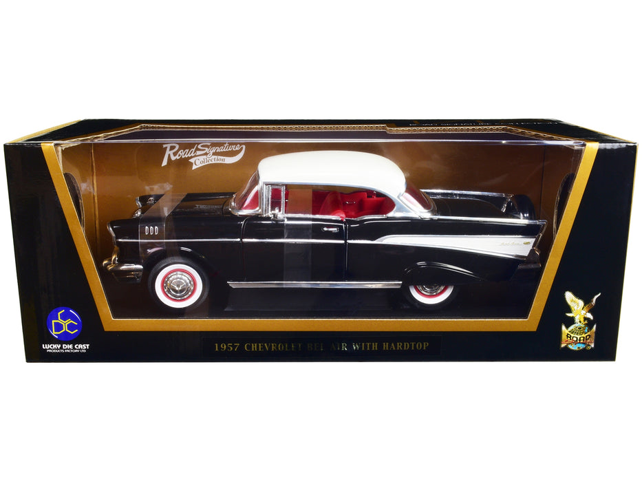 1957 Chevrolet Bel Air Hardtop Black with White Top and Red Interior 1/18 Diecast Model Car by Road Signature - Miniature Motors