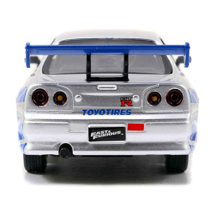 Brian's Nissan Skyline GT-R (R34) RHD (Right Hand Drive) Silver Metallic with Blue Stripes "2 Fast 2 Furious" (2003) Movie "Fast & Furious 25th Anniversary" Series 1/32 Diecast Car Model by Jada