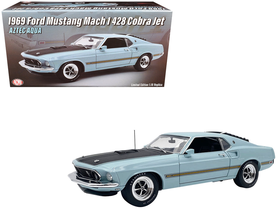 1969 Ford Mustang Mach 1 428 Cobra Jet Aztec Aqua Blue with Black Hood Limited Edition to 400 pieces Worldwide 1/18 Diecast Model Car by ACME