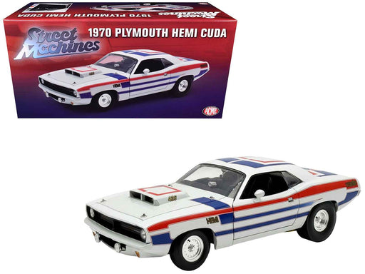1970 Plymouth HEMI Cuda "Street Machine" White with Red and Blue Stripes Limited Edition to 366 pieces Worldwide 1/18 Diecast Model Car by ACME