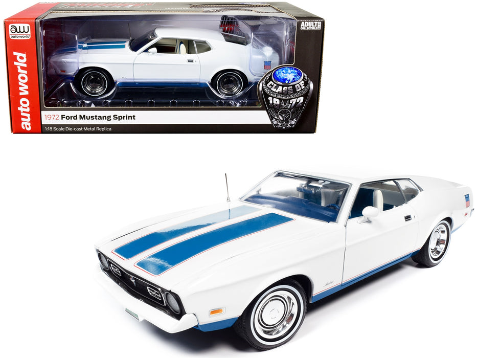 1972 Ford Mustang Sprint White with Blue Stripes "Class of 1972" "American Muscle" Series 1/18 Diecast Model Car by Auto World