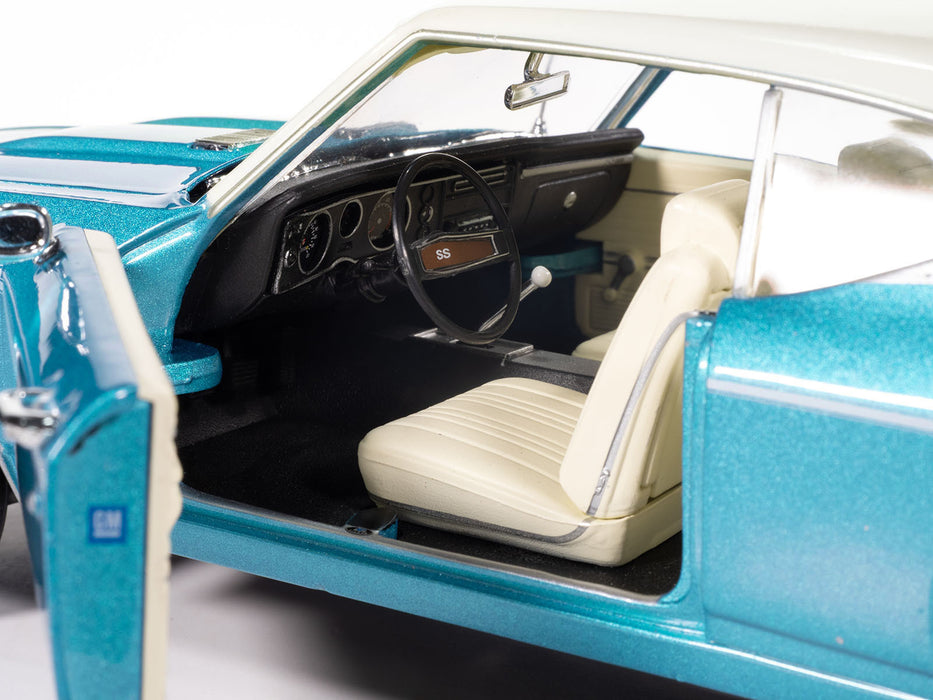 1969 Chevrolet Chevelle SS 396 Azure Turquoise Metallic with White Stripes White Vinyl Top and Interior "Muscle Car & Corvette Nationals" (MCACN) "American Muscle" Series 1/18 Diecast Model Car by Auto World