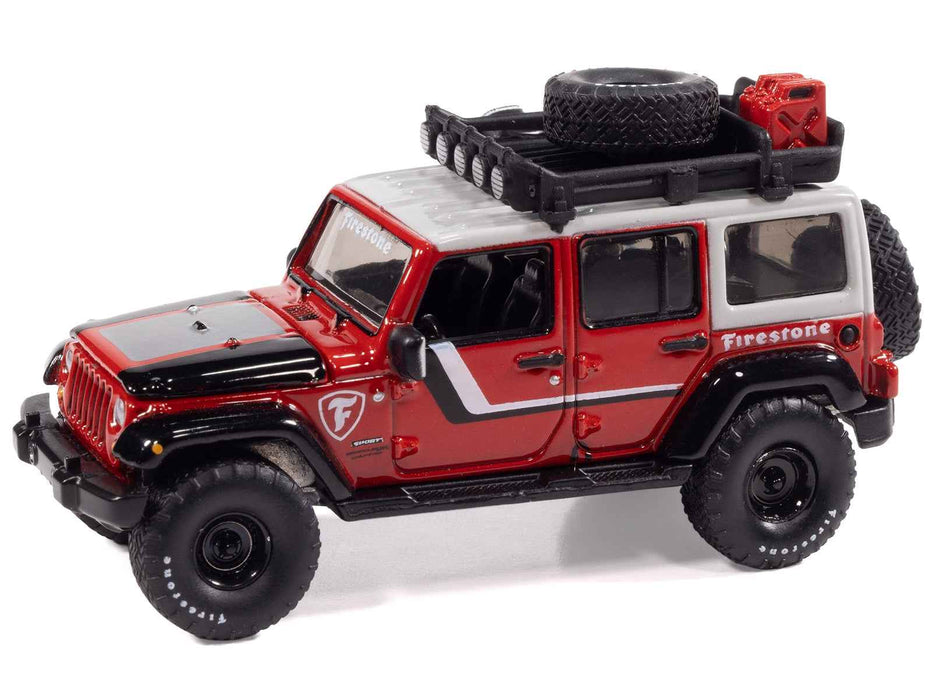 2018 Jeep Wrangler JK Unlimited Sport "Firestone Field Agent" Red with Graphics and Gray Top with Roof Rack "Big Country Collectibles" 2025 Series 1/64 Diecast Model Car by Auto World