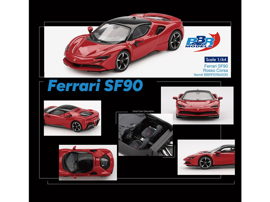 Ferrari SF90 Rosso Corsa Red with Black Top 1/64 Diecast Model Car by BBR