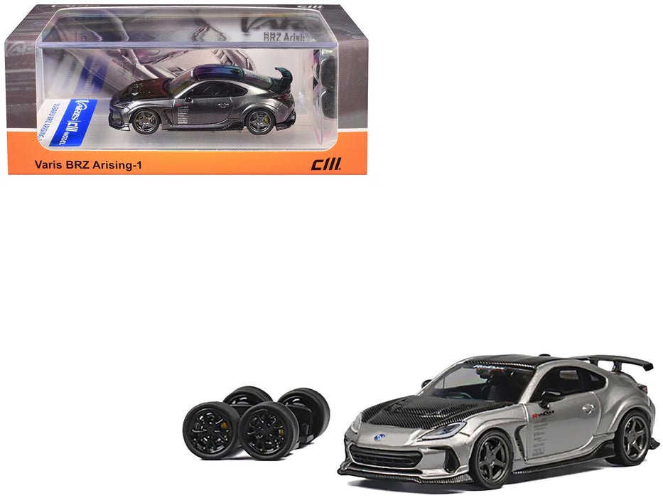 Subaru BRZ Varis Arising-1 RHD (Right Hand Drive) Gray Metallic with Carbon Hood and Top and Extra Wheels 1/64 Diecast Model Car by CM Model