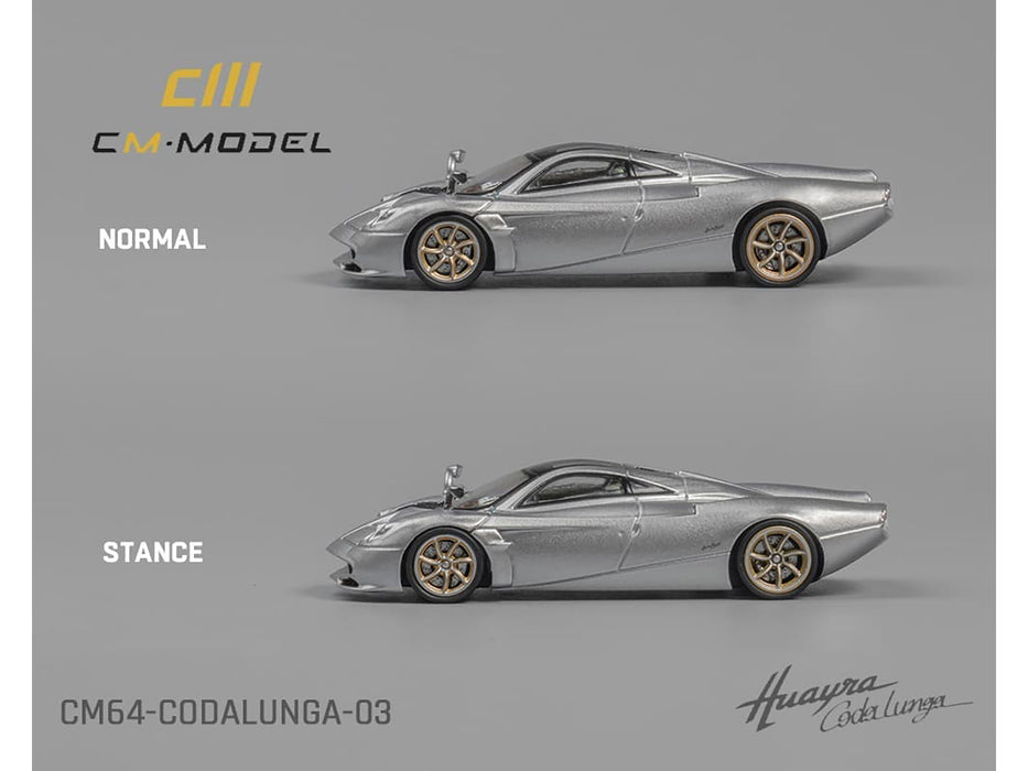 Pagani Huayra Codalunga Silver Metallic with Sunroof and Extra Wheels 1/64 Diecast Model Car by CM Model