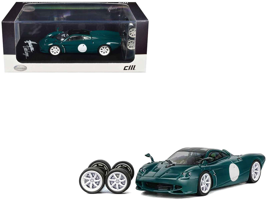 Pagani Huayra Codalunga Green with Sunroof and Extra Wheels 1/64 Diecast Model Car by CM Model