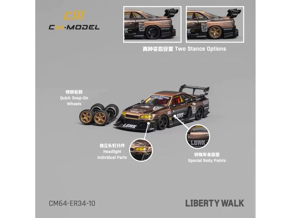 Nissan Skyline LB-ER34 "Super Silhouette" RHD (Right Hand Drive) #5 Brushed Bronze and Black with Extra Wheels 1/64 Diecast Model Car by CM Model