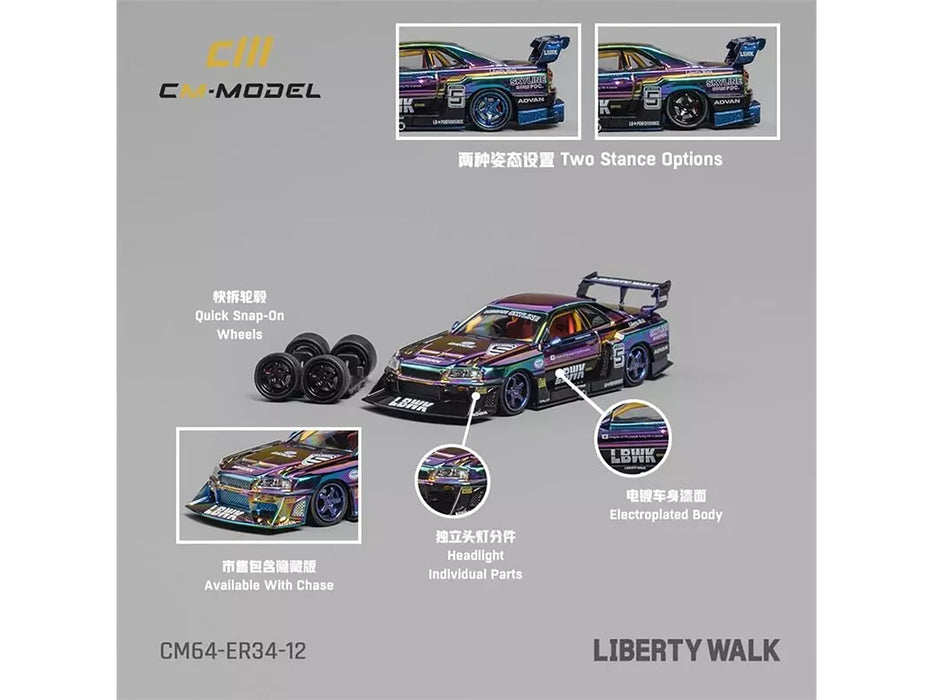 Nissan Skyline LB-ER34 "Super Silhouette" RHD (Right Hand Drive) #5 Chameleon Metallic with Extra Wheels 1/64 Diecast Model Car by CM Model